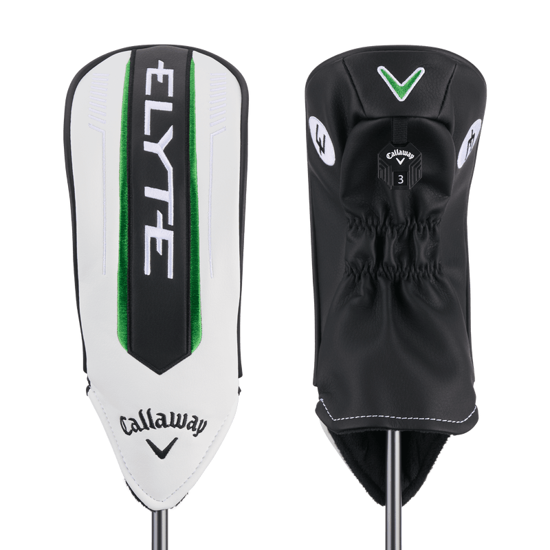 Callaway Elyte X Fairway Golfholz Schutzhülle in Weiß Schwarz mit grünem Akzent, zweites Bild Golfholz mit schwarzem.
