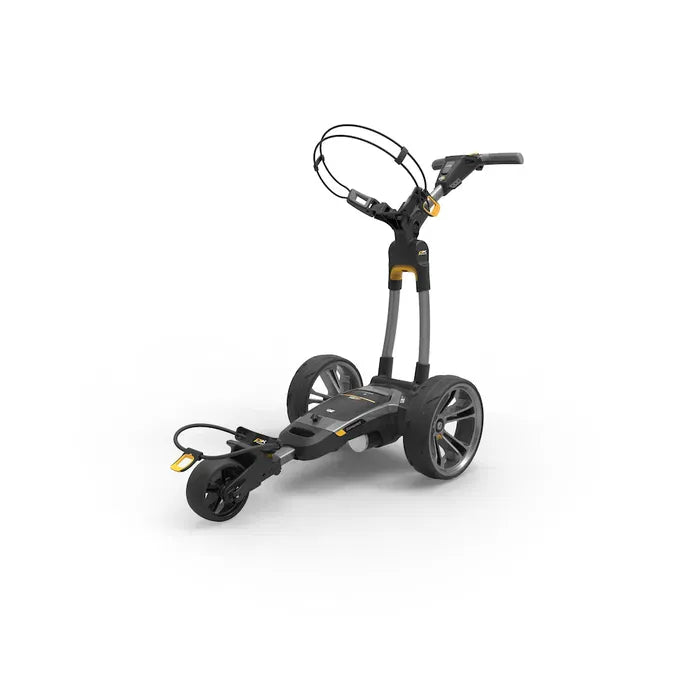 Schwarzer elektrischer Golftrolley CT6 EBS XL mit großem Akku und Zubehörhalterung.