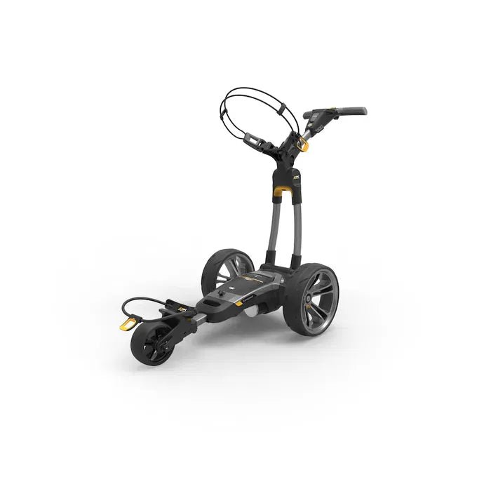 Schwarzer elektrischer Golftrolley mit drei Rädern und klappbarem Griff, inkl. Steuerungseinheit.