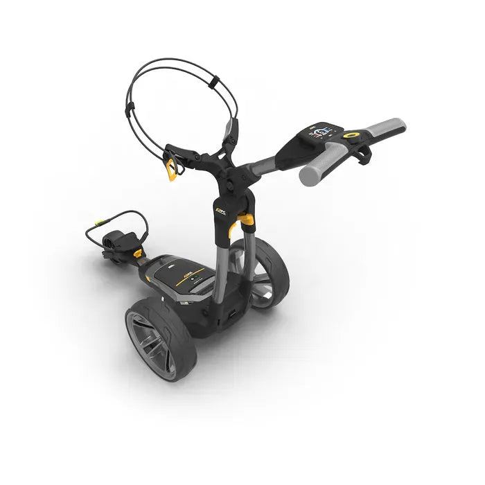Elektrischer Golftrolley CT6 EBS XL mit Lithium-Akku und integriertem Griff in Schwarz und Gelb.