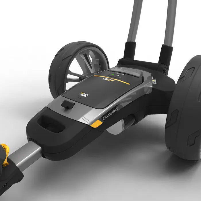 Schwarzer CT6 GPS EBS XL Lithium 2025 Elektrogolftrolley mit silbernen Akzenten und zwei großen Rädern.