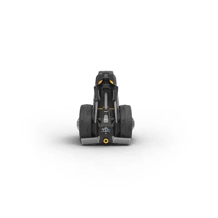 Schwarzer elektrischer Golftrolley CT6 EBS XL mit Lithium-Akku und robustem Design, frontal sichtbar.
