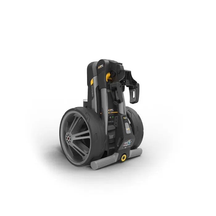 Schwarzer elektrischer Golftrolley CT6 EBS XL mit großem Rad und integriertem Griff.