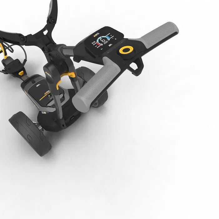 Schwarzer elektrischer Golftrolley CT6 EBS XL mit grauem Griff und digitalem Display.