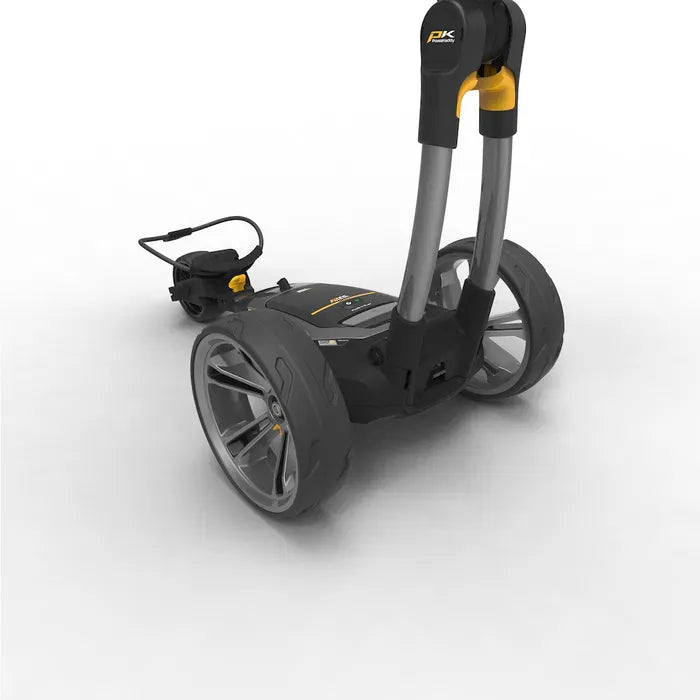 Elektrischer Golftrolley CT6 EBS XL Lithium in Schwarz mit großem Hinterrad und stabilem Griff.
