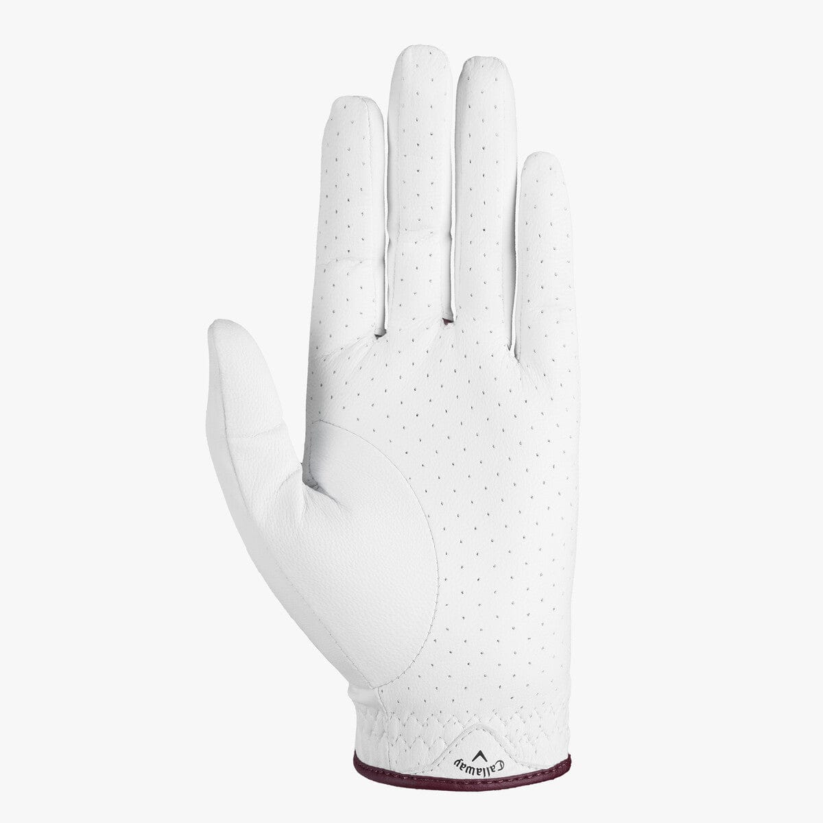 Weißer Callaway Reva Golfhandschuh mit feiner Perforation und dunklem Bündchen, linker Handschuh.