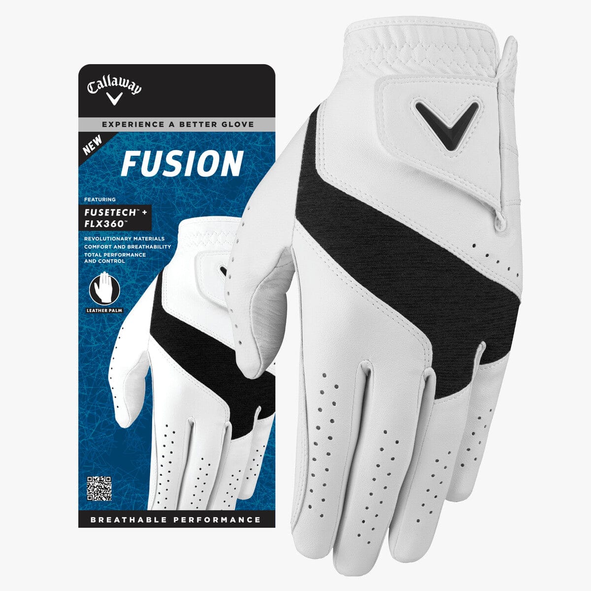 Weißer Callaway Fusion Golfhandschuh mit schwarzem Akzent und perforierten Belüftungslöchern, rechts.