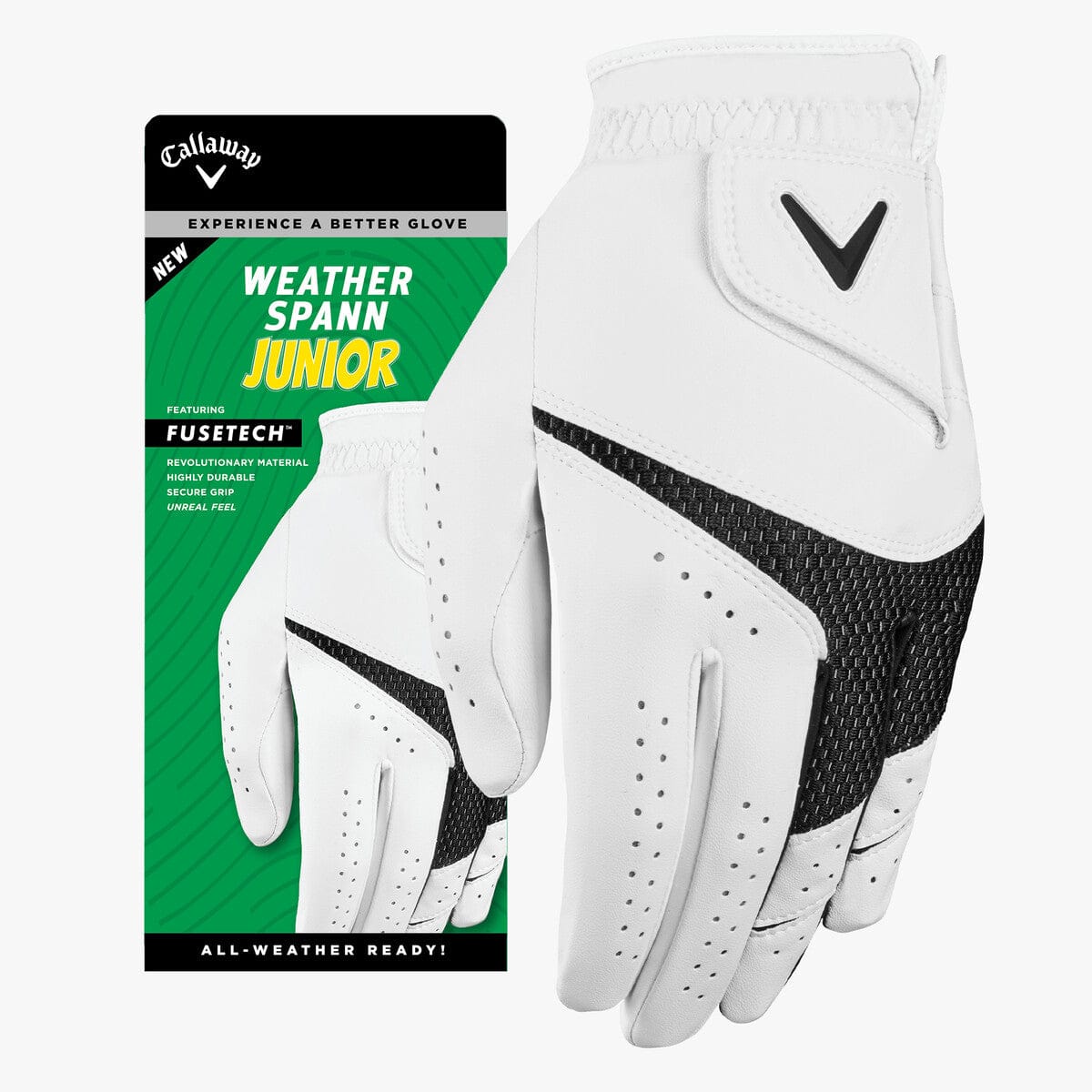 Weißer Callaway Weather Spann Junior Golfhandschuh mit schwarzem Logo und perforierten Details.