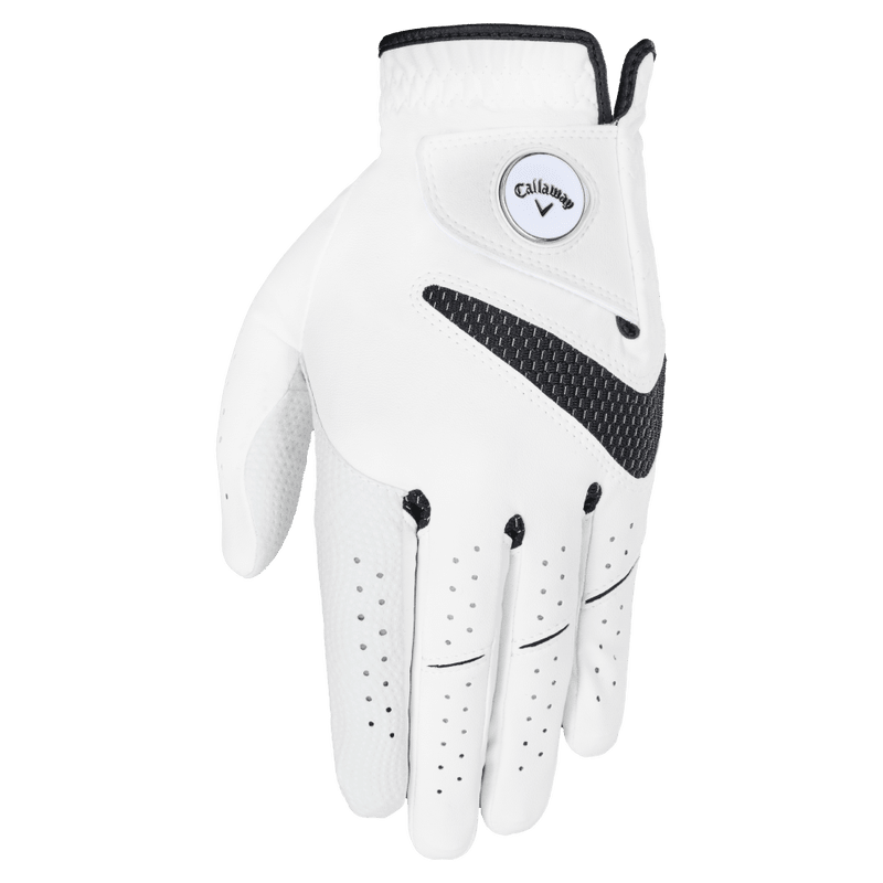 Weiß-schwarzer Callaway Syntech Golfhandschuh mit Belüftungslöchern und elastischem Handgelenkband.