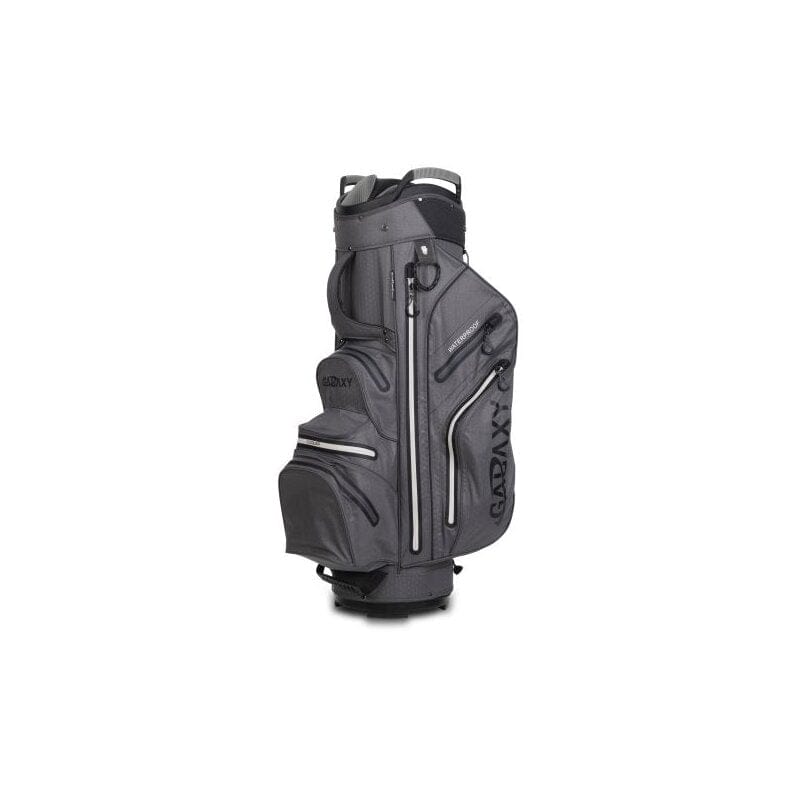 Schwarzes Golfbag GALAXY Rainline Pro mit wasserdichtem Material und mehreren Reißverschlusstaschen.
