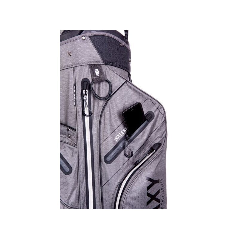 Hellgraues Golfcartbag mit mehreren Reißverschlussfächern und schwarzem Galaxy-Logo.
