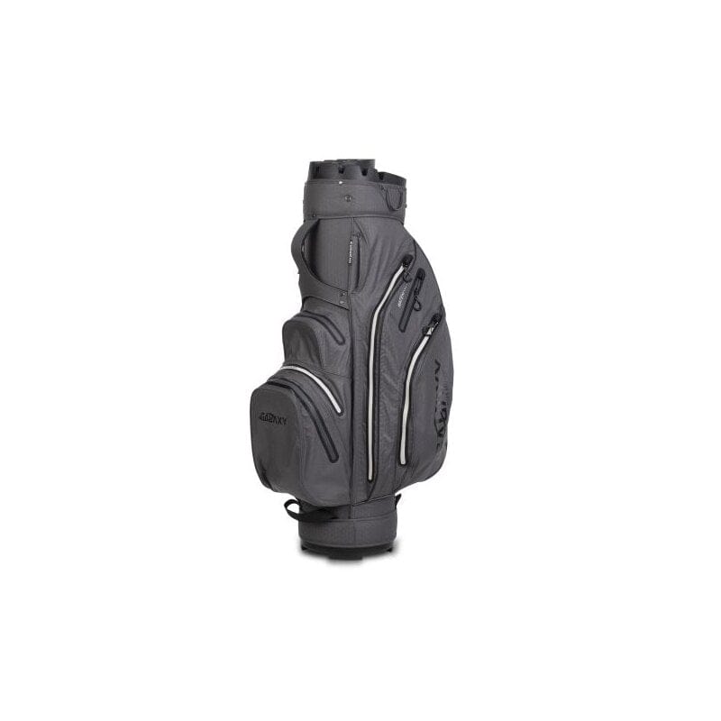 Graues wasserdichtes Golfcartbag mit mehreren Reißverschlusstaschen und weißem Akzent.
