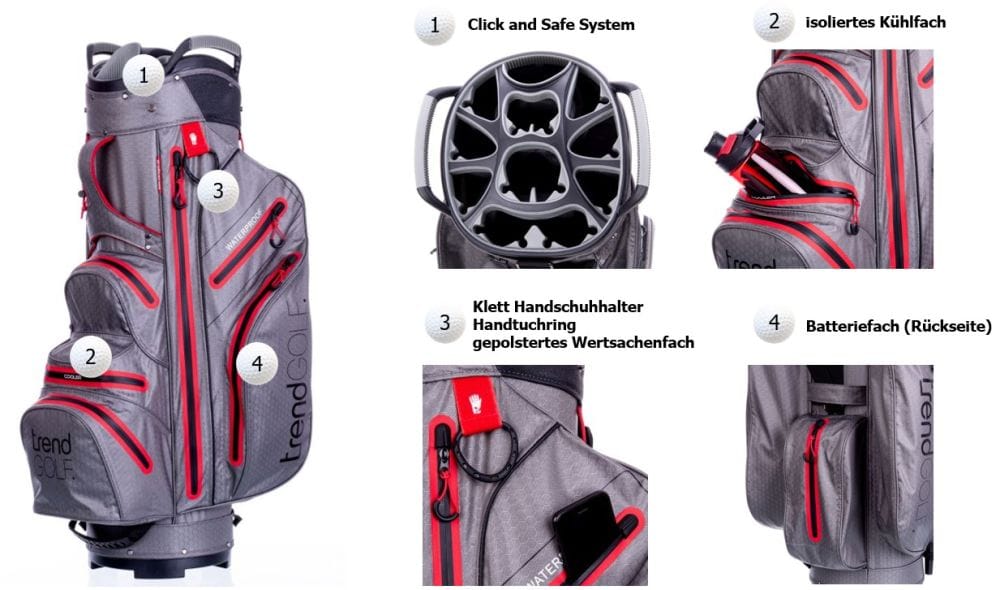 Wasserdichtes Golfbag in Grau mit orangefarbenen Akzenten, mehrere Taschen, isoliertes Kühlfach, Klick- und.