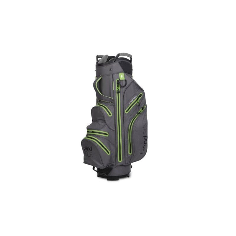 Graues und grünes wasserdichtes Golfbag mit mehreren Reißverschlusstaschen und modernem Design.