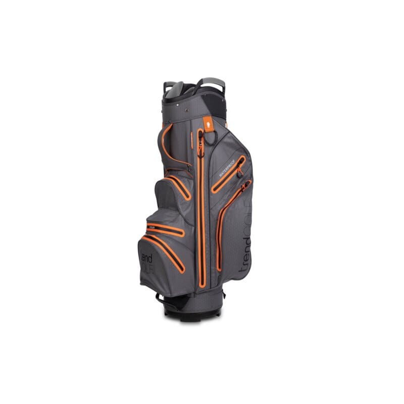 Graues wasserdichtes Golfbag mit orangenen Reißverschlüssen und mehreren Taschen, robuste Konstruktion.