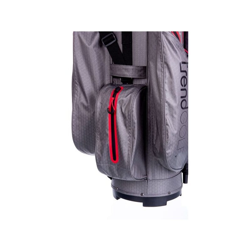 Golfbag TrendGOLF Rainline Pro in Grau mit orangem Reißverschluss, wasserdicht, schlanke Seitentasche.