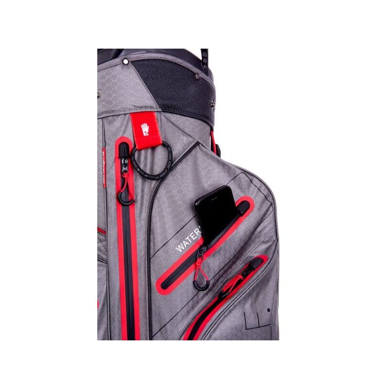 Graues trendGOLF Rainline Pro Golfbag mit orangefarbenen Akzenten und wasserdichtem Material, mehreren.