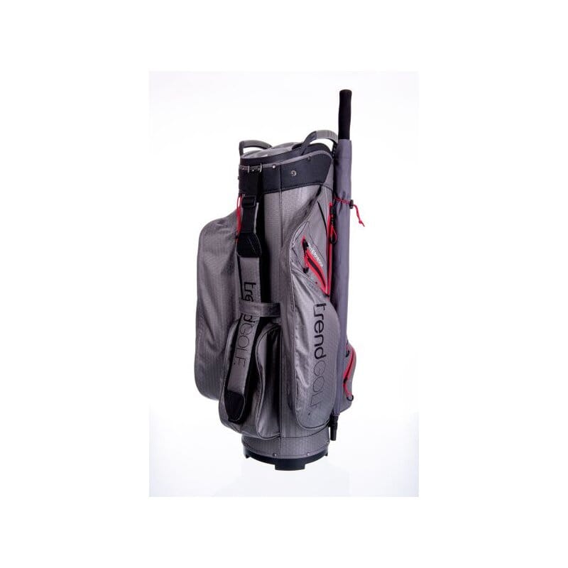 Wasserdichtes Golfbag in Grau mit orangefarbenen Akzenten und mehreren Taschen, moderner Look.