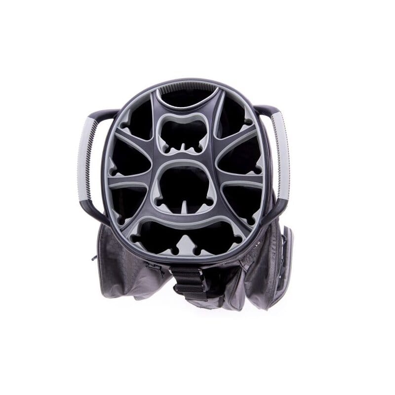 Wasserdichtes Golfbag trendGOLF Rainline Pro in Grau und Rot, Top-Ansicht mit 14 Fächern und Griffen.