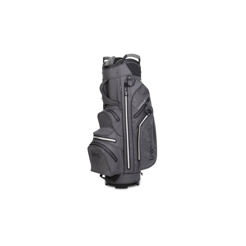 Graues trendGOLF Rainline Pro Golfbag mit weißen Akzenten und mehreren Reißverschlusstaschen, wasserdicht.