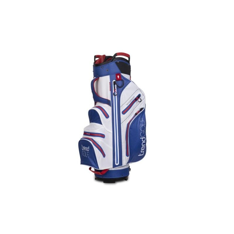 Weiß-blau-rotes wasserdichtes Golfbag mit mehreren Taschen und Trendgolf-Logo.