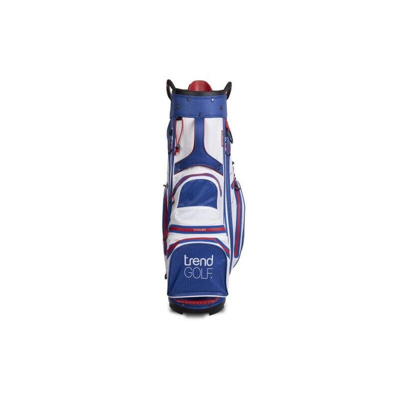 Wasserdichtes Golfbag in Weiß, Blau und Rot mit Mehreren Taschen und trendGOLF-Logo vorne.