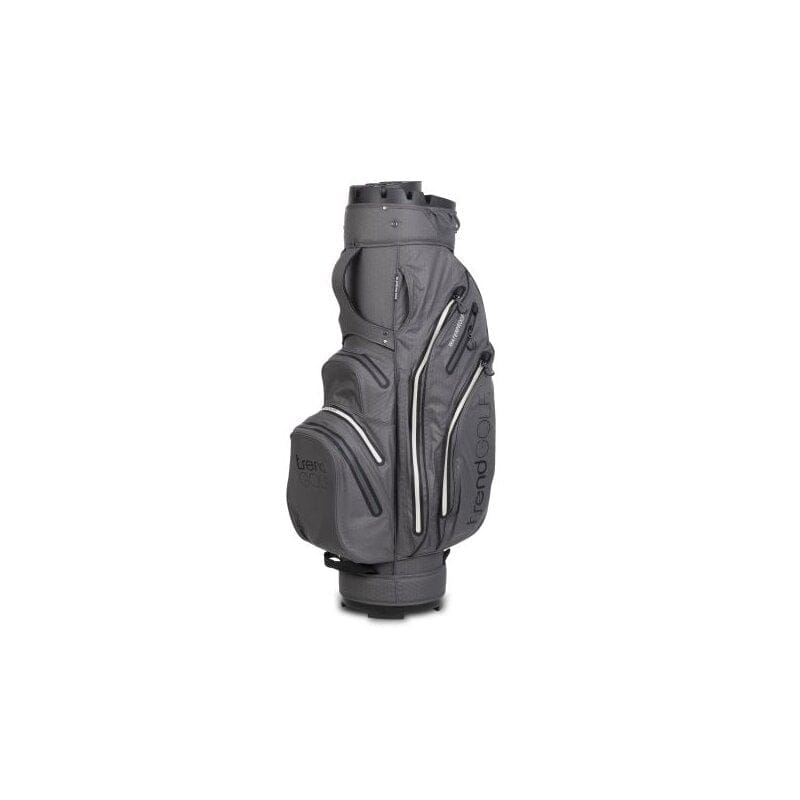 Grau-weißes trendGOLF Rainline Silent wasserdichtes Golfbag mit mehreren Reißverschlusstaschen und verstärktem Griff.