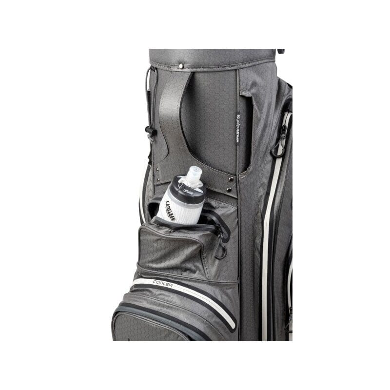 Graues Golfcartbag mit weißen Akzenten, wasserabweisendem Material und seitlicher Netztasche mit Trinkflasche.