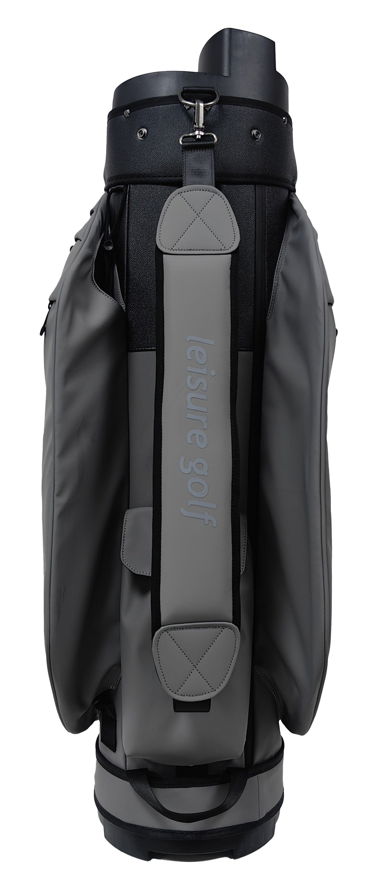 Schwarzes und graues Leisure Luxury Cartbag aus PU mit großen Seitentaschen und gepolstertem Tragegurt.