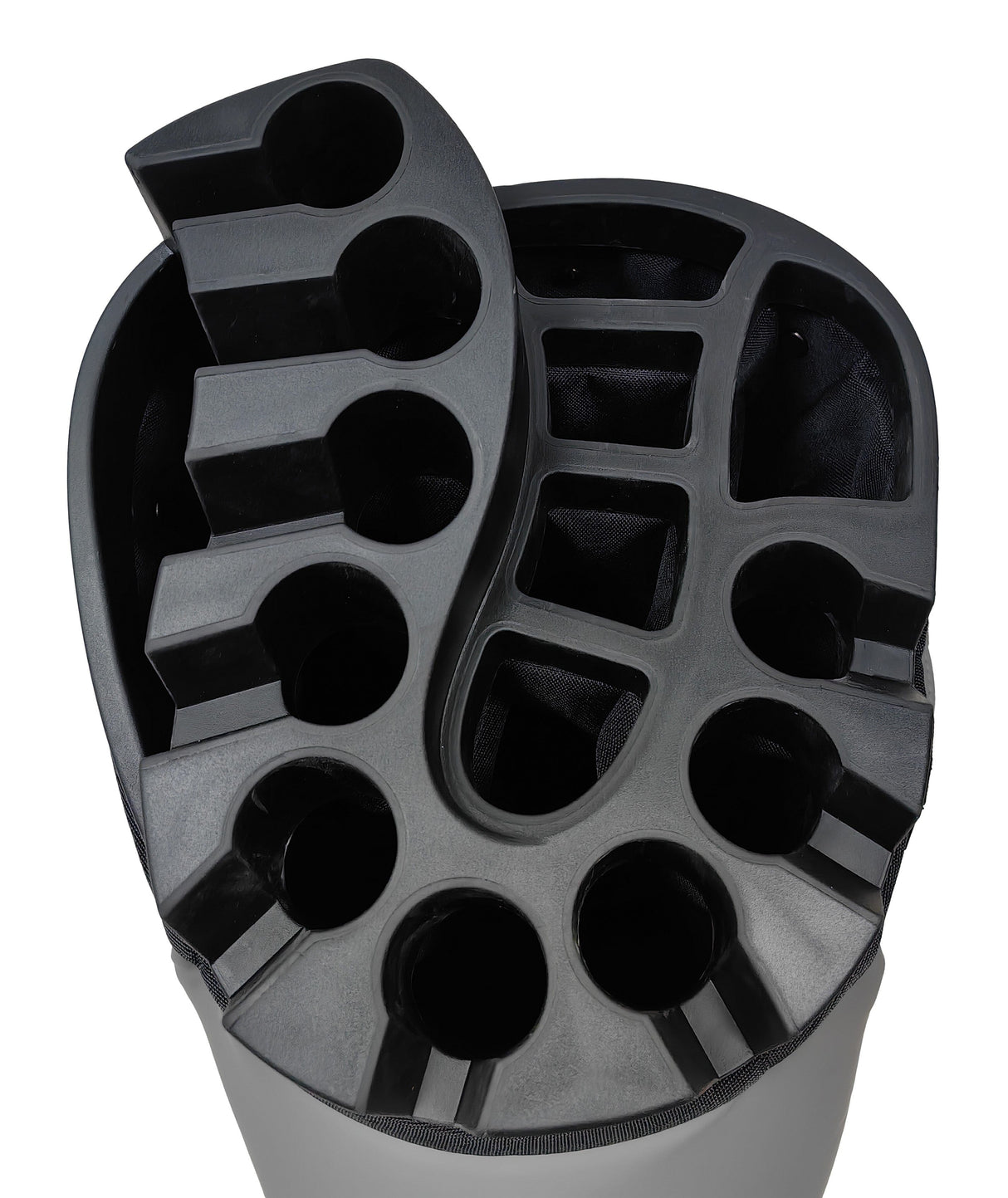 Schwarzes Golfcartbag-Top mit separaten Fächern für Golfschläger aus robustem PU-Material.