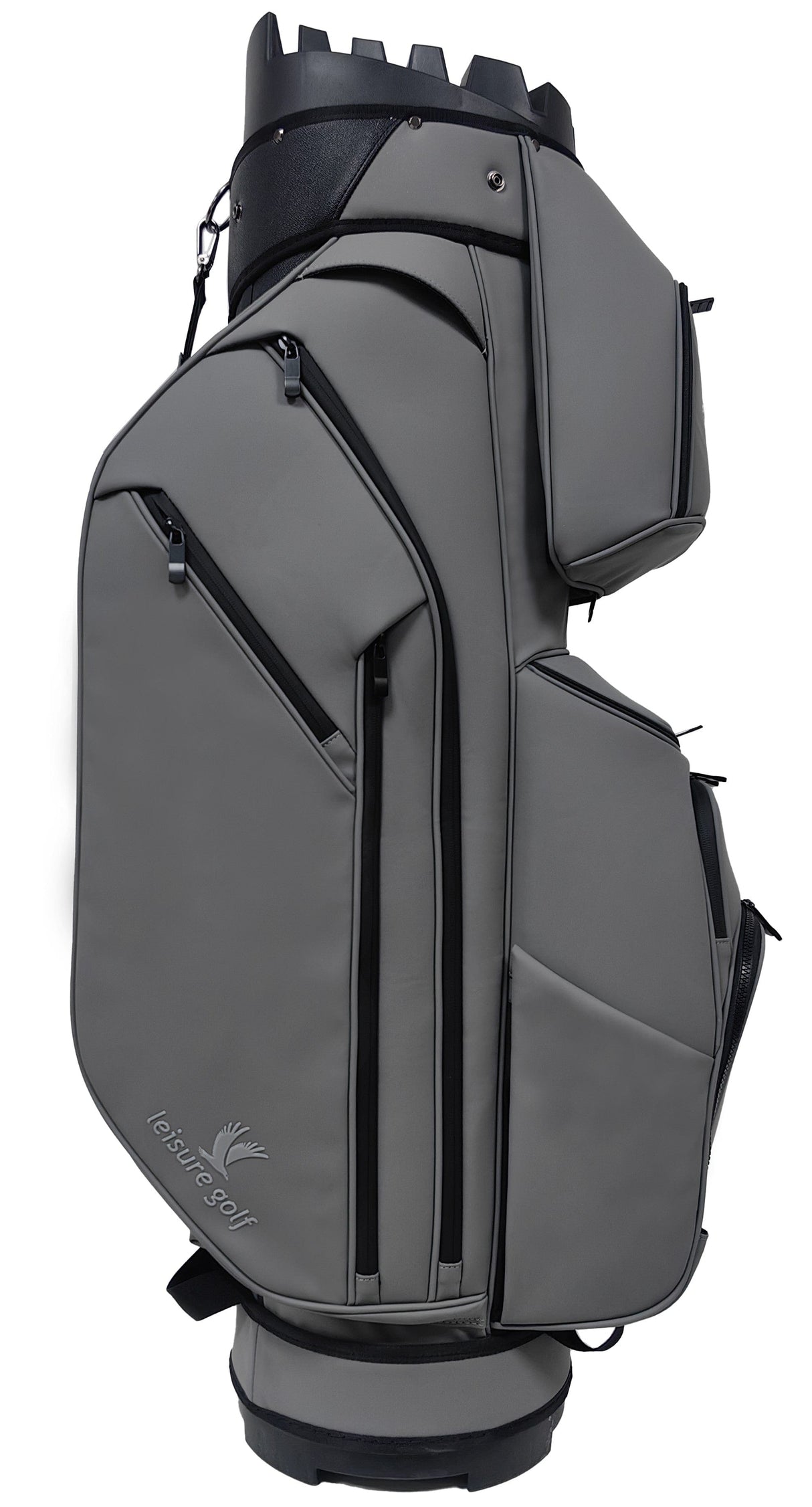 Graues PU-Golfcartbag mit mehreren Reißverschlusstaschen und modernem Design.