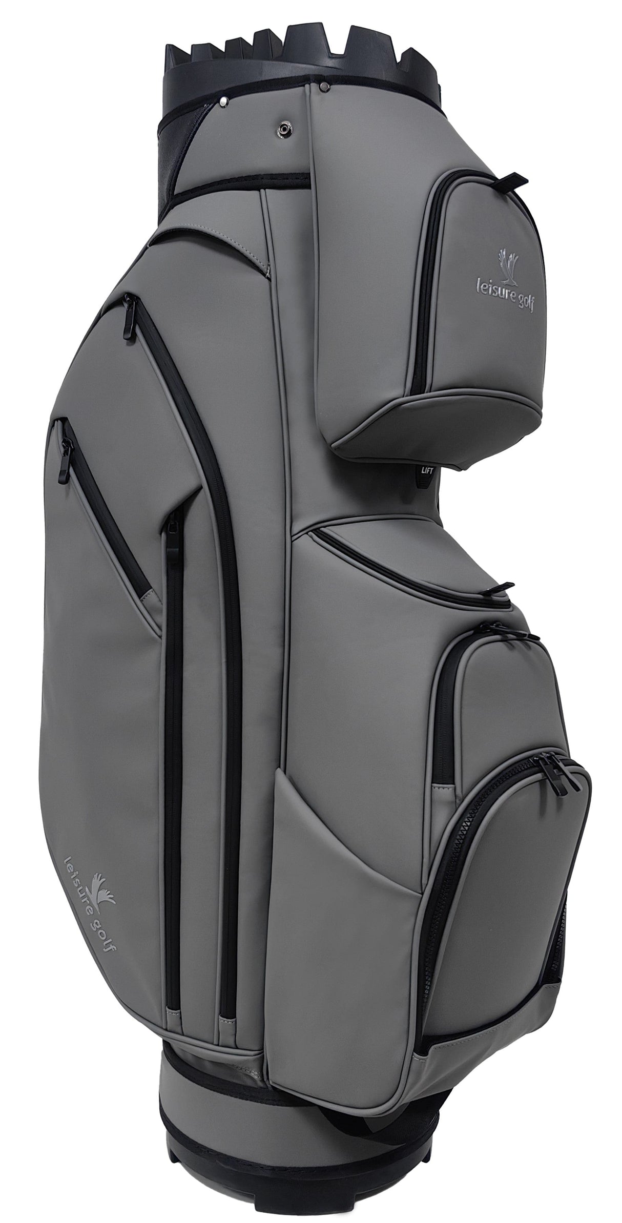 Graues Golf-Cartbag aus PU mit mehreren Reißverschlussfächern und modernem Design.
