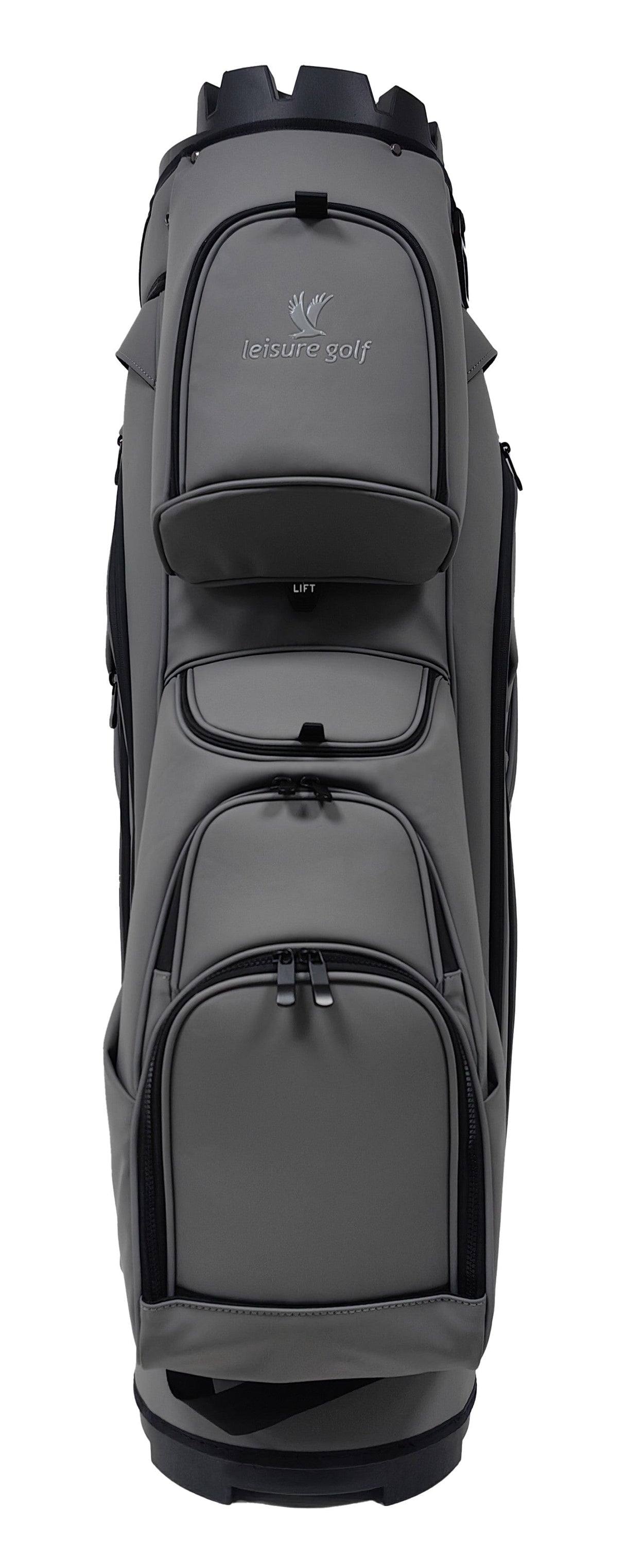 Leisure Luxury Cartbag in Grau mit mehreren Reißverschlusstaschen und integriertem Tragegriff.