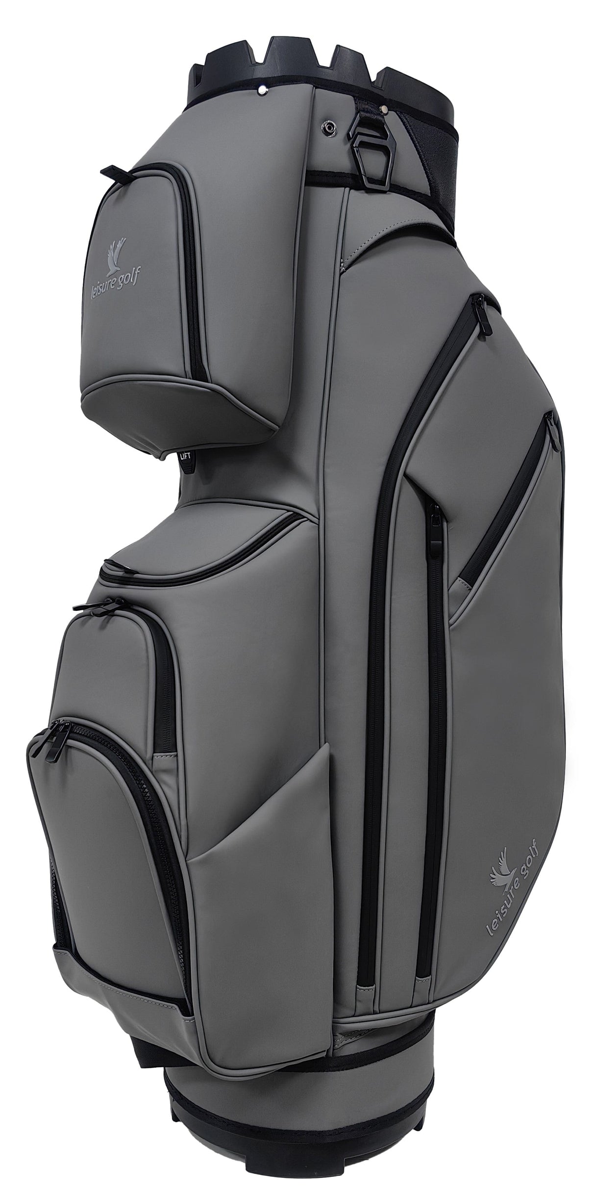 Graues Leisure Luxury Cartbag aus PU mit mehreren Reißverschlusstaschen und ergonomischem Design.