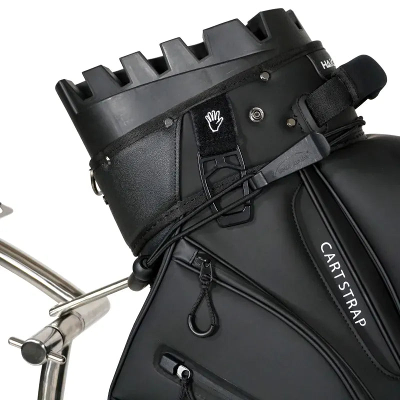 Schwarzer Haicaddy Golftrolley-Top mit eingekerbten Stifthalterungen und metallischem Gestänge.