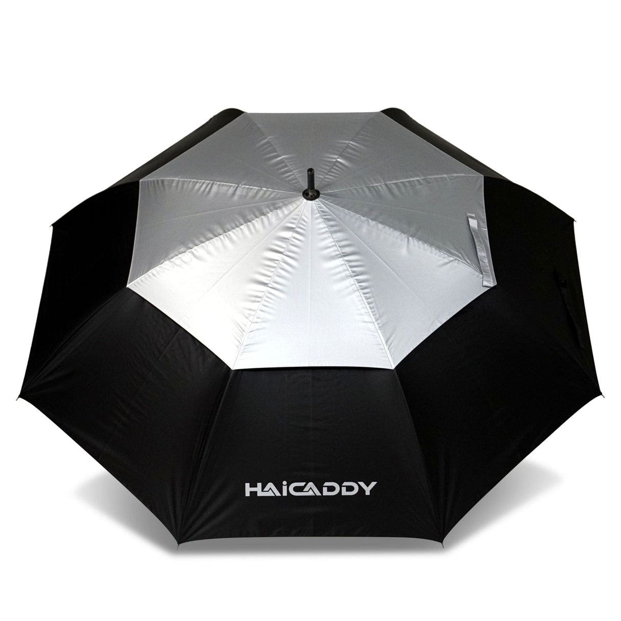 Schwarz-silberner ultra-leichter Carbon UV- und Regenschirm mit HAiCADDY-Logo.