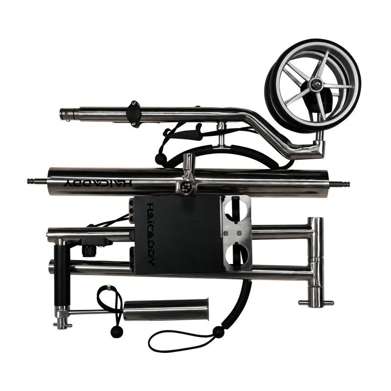Silberner Tour Made Haicaddy HC5R Golftrolley aus Edelstahl, kompakt zusammengeklappt, mit zwei großen Rädern und.