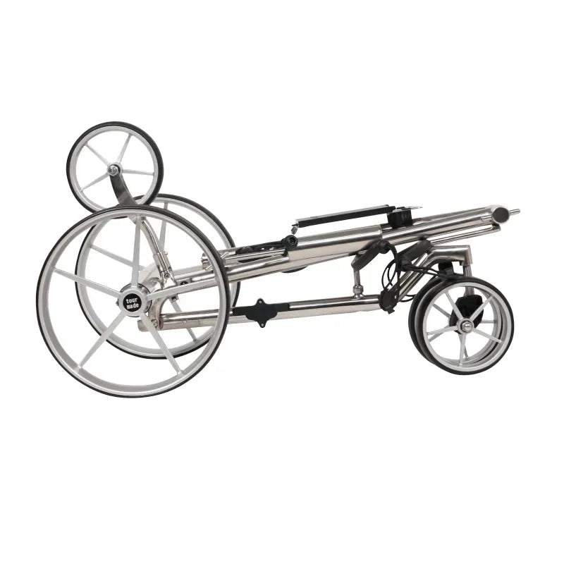 Silberner Tour Made Haicaddy HC5R Edelstahl Golftrolley mit drei Rädern und klappbarem Rahmen.