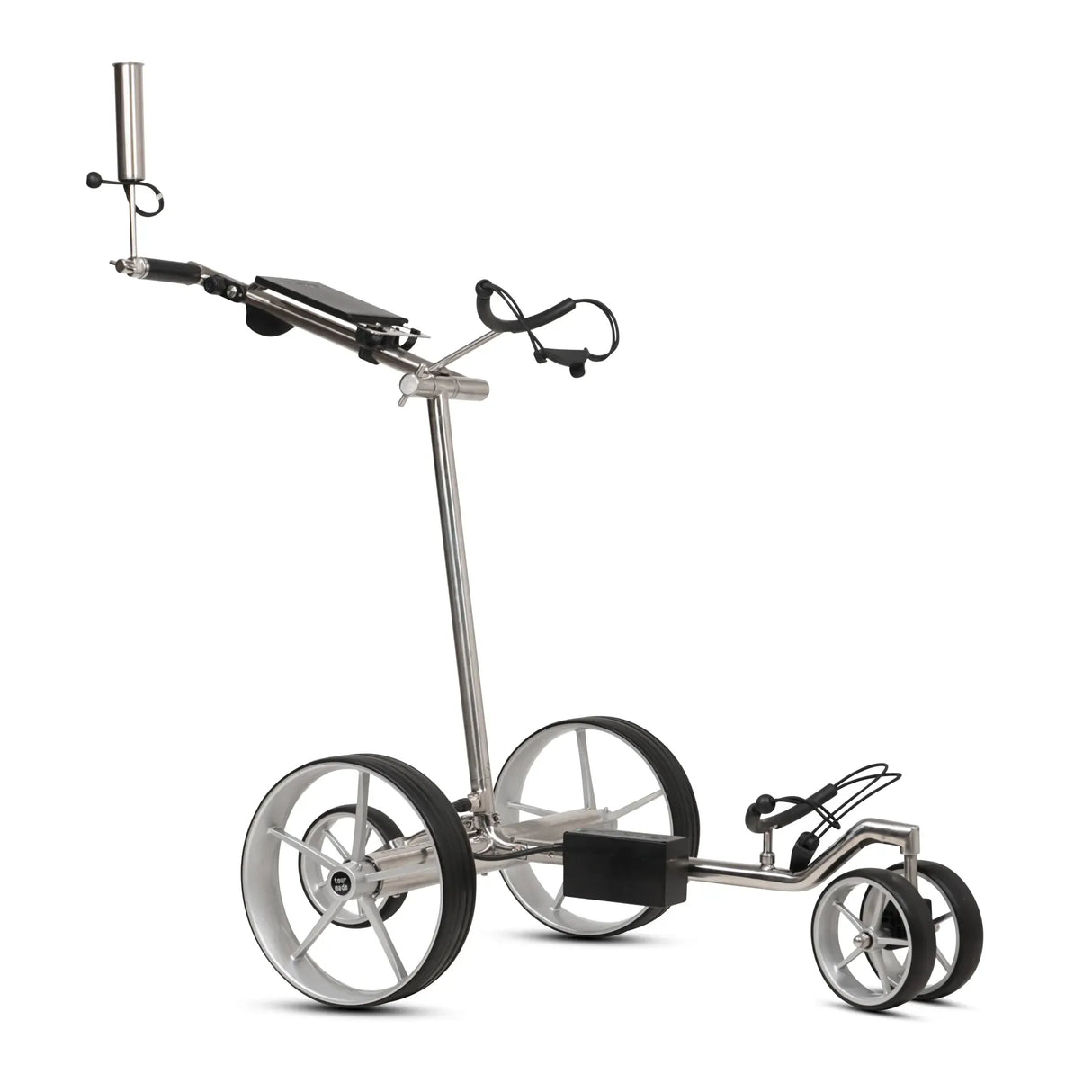 Silberner Edelstahl Golftrolley mit drei großen Rädern und Fernbedienung, modernes Design.