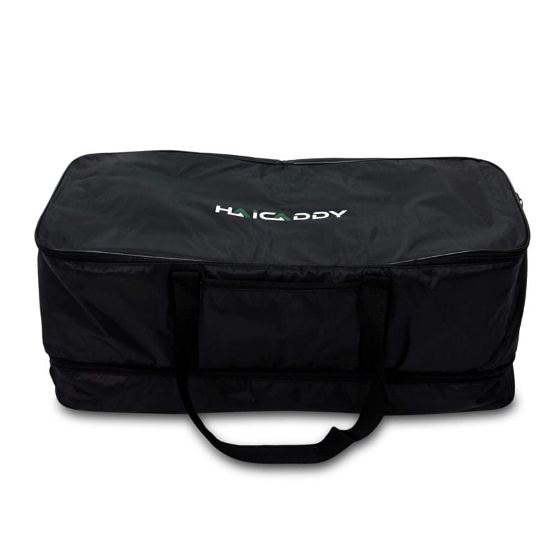 Schwarze rechteckige Transporttasche mit Haicaddy-Logo, robustes Material, Tragegriff.