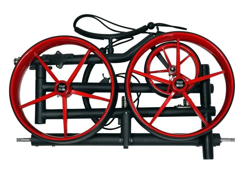 Schwarzer Haicaddy HC9 Golftrolley mit roten XXL-Rädern, zusammengeklappt und kompakt.