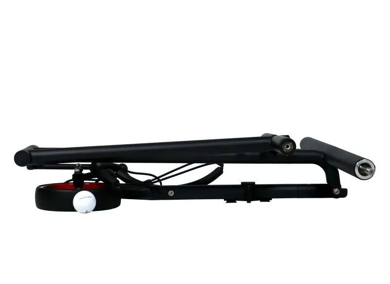 Gefalteter schwarzer elektrischer Golftrolley Haicaddy HC9 mit roten Akzenten.