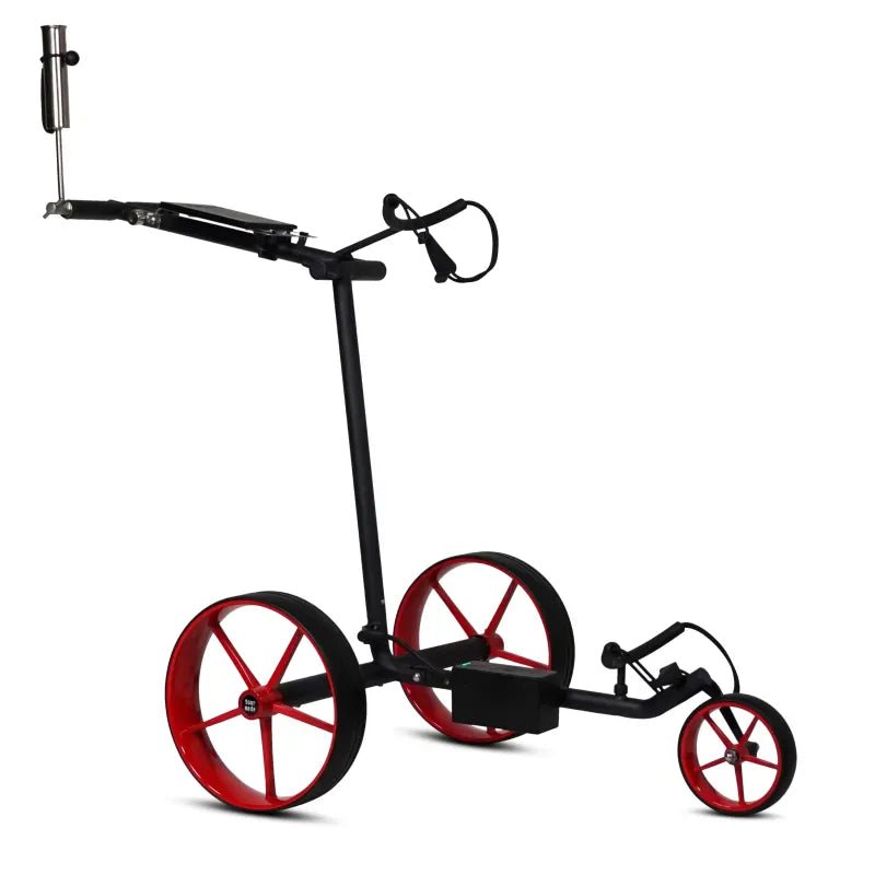 Schwarzer elektrischer Golftrolley mit roten großen Rädern und verstellbarem Griff.