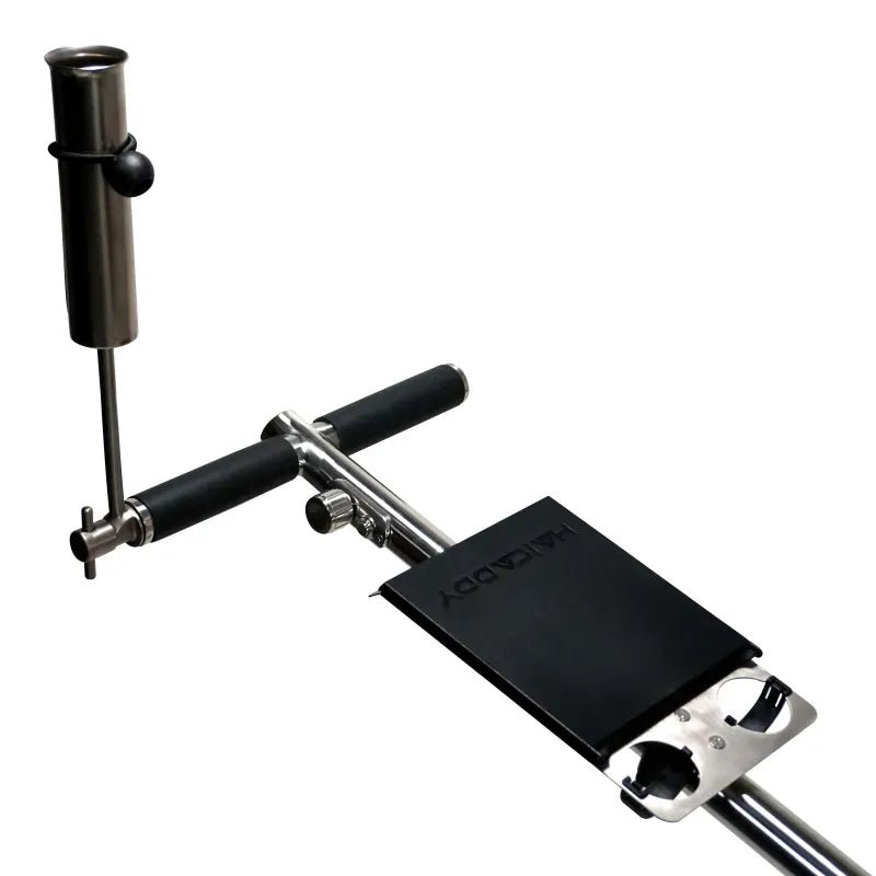 Haicaddy HC9 Elektrocaddy Halterung aus poliertem Edelstahl mit schwarzer Ablagefläche.