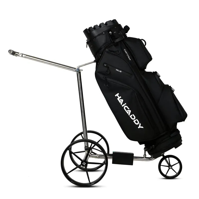 Elektro-Golftrolley Haicaddy HC9 mit poliertem Edelstahlrahmen und schwarzem Golfbag.