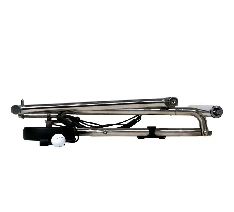 Faltbarer Haicaddy HC9 Elektrocaddy aus poliertem Edelstahl mit kompaktem klappbarem Rahmen.