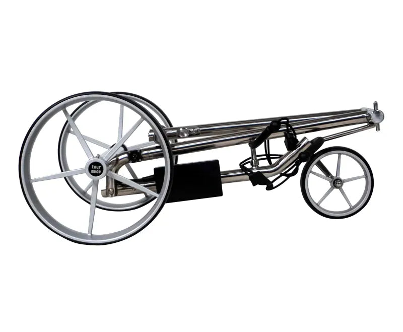 Haicaddy HC9 Elektrocaddy aus poliertem Edelstahl, faltbar mit großen silbernen Rädern.