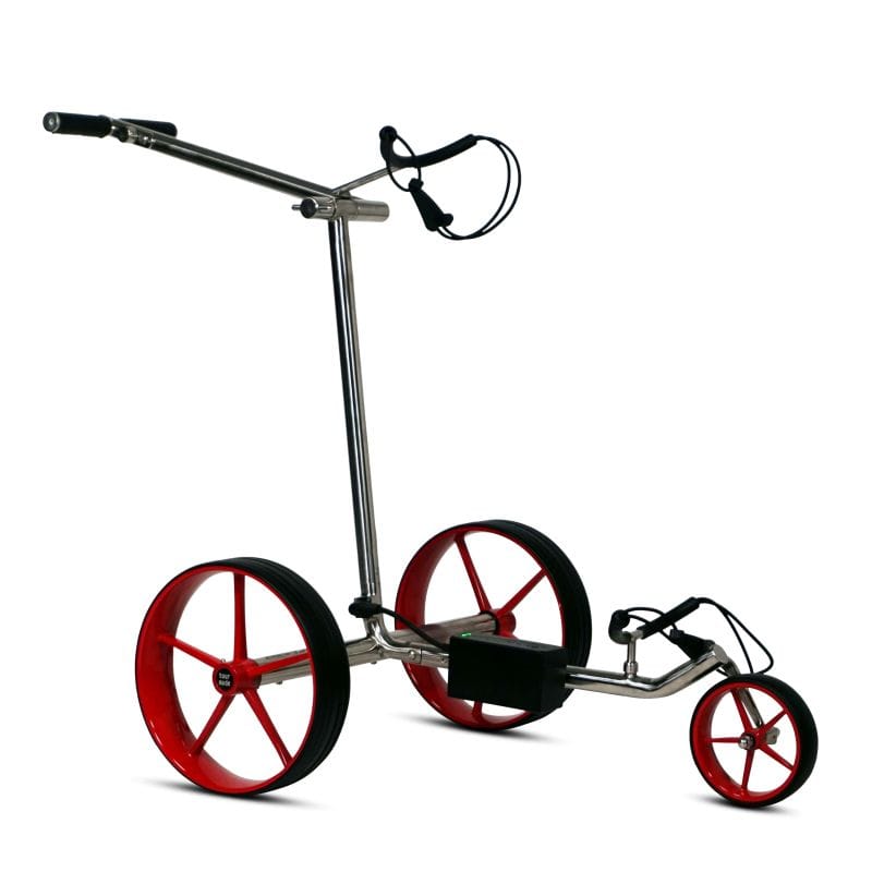 Elektrischer Haicaddy HC9 Golftrolley mit poliertem Edelstahlrahmen und roten Rädern.