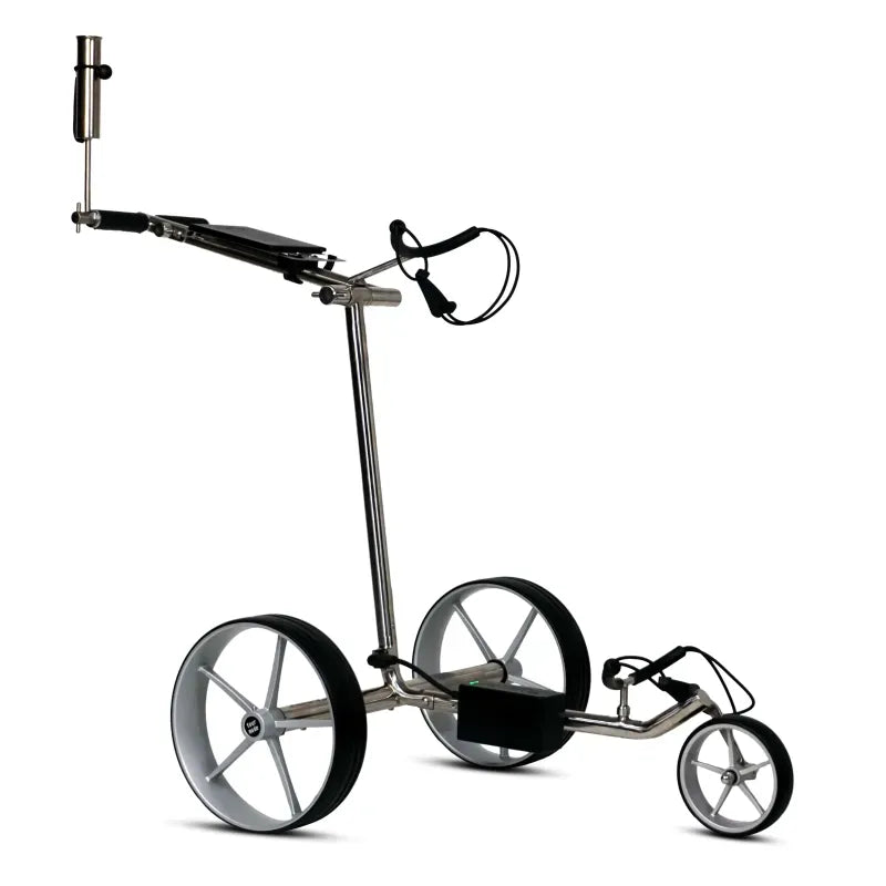 Elektrischer Golftrolley Haicaddy HC9 aus poliertem Edelstahl mit dreirädrigem Gestell und verstellbarem Griff.