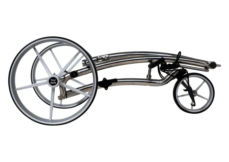 Kompakter zusammengeklappter Haicaddy HC9S Golftrolley in Silber und Schwarz mit großen Rädern.
